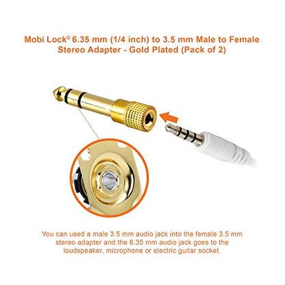 2Pcs 6.35mm Plug to 3.5mm Socket Stereo Audio Jack Adapter, Gold-Plated | 1/4in to 1/8in, connects amps, guitars, pianos, drums, speakers & mics to smaller devices