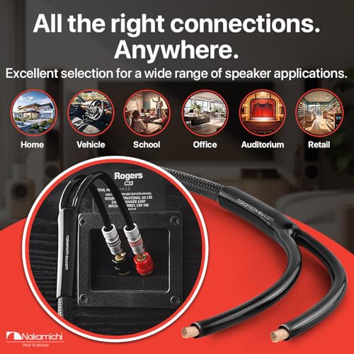 Nakamichi 24k Gold Plated Banana Plugs with Speaker Cable Wire 99.9% OFC | Oxygen-Free Copper, Excel Series, Heavy Duty Braided for Amplifier Receiver Hi-Fi Stereo AV - Black (14AWG / 6 feet / 1.8m) - color: Black (14 AWG), size: 6-Feet (1.8m)