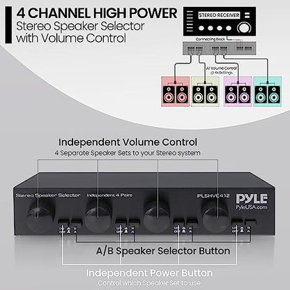 Pyle 4 Channel High Power Stereo Speaker Selector with Volume Control - Rugged and Durable Housing Construction, Cabinet Heat Sink, Plug and Play Easy Install - PLSHVC412 - style: 4CH Switch and Vol Selector