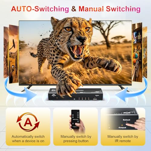 4 Ports 4K HDMI Switch Audio Extractor with Optical Toslink SPDIF/Coaxial / 3.5mm L/R Audio Out, 4 in 1 Out HDMI 2.0b Switcher with Remote Control Support ARC, HDR, HDCP 2.2, 18Gbps, 3D