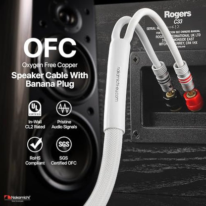 Nakamichi 24k Gold Plated Banana Plugs Speaker Cables 99.9% OFC (3 Feet) | Oxygen-Free Copper, Excel Series, Amplifier Heavy Duty Braided In-Wall CL2 Rated Wires - White (12AWG / 3ft / 0.9m) 2-Pack - color: White, size: 12 AWG (3-Feet)