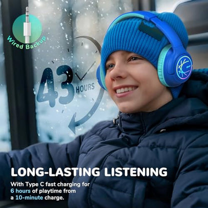iClever BTH18 Kids Bluetooth Headphones LED Lights for Toddler Boys Girls | SafeSound Tech, 43H Playtime Stereo Sound, USB C Charging AUX Cable, Over Ear Kids Headphones Wireless for iPad/Tablet/Travel - color: B-Blue