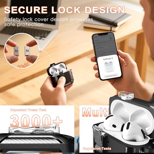 for AirPods 4 Case with Lock Magnetic Lid MagSafe, Black | Compatible with Apple AirPods 4th Generation Protective Case with Cleaner Kit & Carabiner, Powerful Drop Protection - color: A-FK-Black, size: Airpods 4th Generation