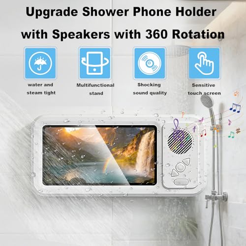 Wall Mount Shower Phone Holder Waterproof,Bathroom Accessories,Waterproof Phone Case,Shower Phones Holder with Speaker,360° Rotation,Retractable Adjustable Bathroom Case Mount Shelf - color: White