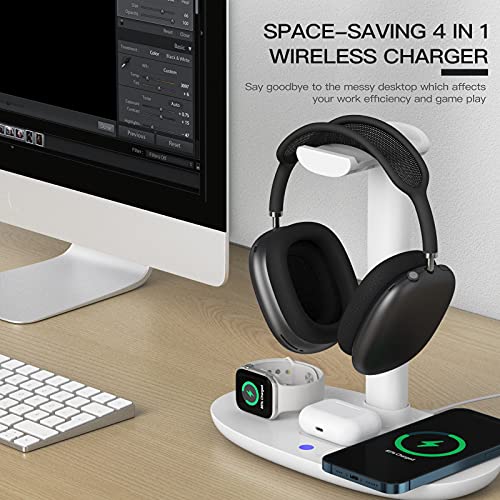 Headphone Stand with 15w Wireless Charger, Suguder 4 in 1 Charging Station Headset Holder for AirPods Max/Pro/4/3/2 iWatch 10/9/8/7/6/5/4/3/2/1/SE iPhone 17/16/15/14/13/12/11/X for Desktop Table Game | 4 in 1 15w Charging Station Headset Holder for AirPod