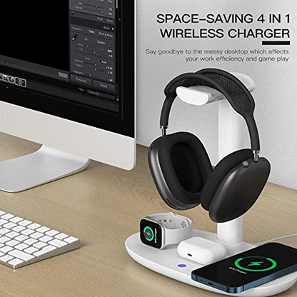 Headphone Stand with 15w Wireless Charger, Suguder 4 in 1 Charging Station Headset Holder for AirPods Max/Pro/4/3/2 iWatch 10/9/8/7/6/5/4/3/2/1/SE iPhone 17/16/15/14/13/12/11/X for Desktop Table Game | 4 in 1 15w Charging Station Headset Holder for AirPod