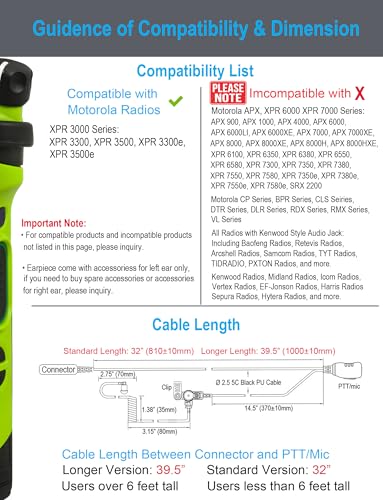 commountain Earpiece for Motorola Radios R5, XPR 3500e, XPR 3300e | Acoustic Tube Surveillance Headset, Noise Reducing PTT Mic, Reinforced Cable - size: For users below 6 feet tall