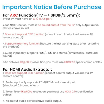 4K@60Hz HDMI 2.0b Audio Extractor Converter Adapter Splitter, HDMI eARC/ARC + Optical Toslink SPDIF + 3.5mm Stereo Audio Out, Support HDCP2.2 Digital PCM DTS 5.1, (Optical/HDMI Cables Included)