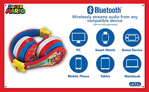 Super Mario Wireless Bluetooth Portable Kids Headphones with Microphone, Volume Reduced to Protect Hearing Rechargeable Battery, Adjustable Kids Headband for School Home or Travel - color: Super Mario
