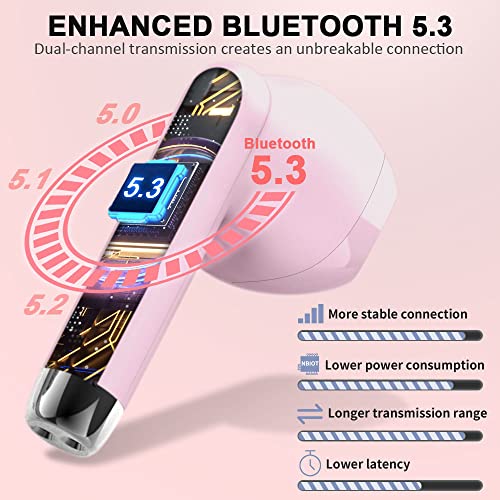 Wireless Earbuds, Bluetooth Headphones, Stereo Bass Ear Buds with ENC Noise Cancelling Mics,42H Bluetooth Earbuds with LED Display Charging Case, IP7 Waterproof Earphones for Android iOS/Light pink - color: Light pink