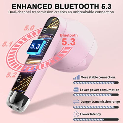Wireless Earbuds, Bluetooth Headphones, Stereo Bass Ear Buds with ENC Noise Cancelling Mics,42H Bluetooth Earbuds with LED Display Charging Case, IP7 Waterproof Earphones for Android iOS/Light pink - color: Light pink