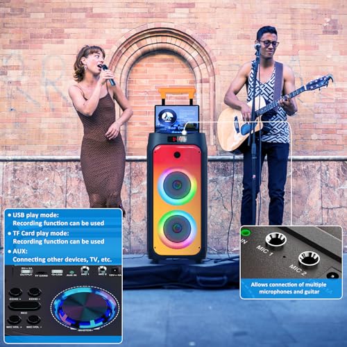 Karaoke Machine with 2 Wireless Microphones, Big Bluetooth Party Speaker with 500W Peak Power for Adults, PA System with Rolling Wheels and Trolley, Perfect for Outdoor, Home Party, Gatherings - color: BLACK