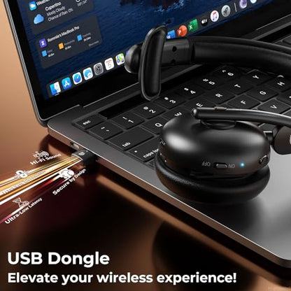 Dytole Wireless Headset with Mic for Work, Bluetooth Headset with Mic, AI Noise Cancelling, 65H Battery & Mute Function, Single-Ear Wireless Headset & USB Dongle, Fit for PC/Laptop/Teams/Call Center