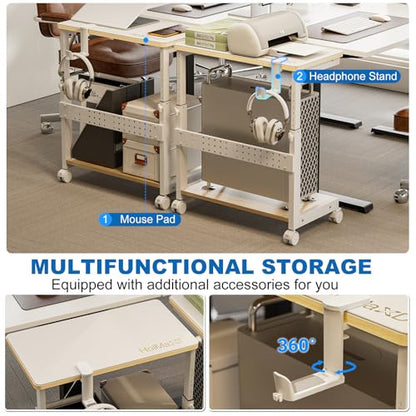 Height Adjustable Computer Tower Stand, 2-Tier ATX-Case CPU Holder with Mouse Pad & Headphone Stand, Mobile PC Standing Under Desk, Home Office Gaming Accessories, Computer Cart Wheels, Maple - color: Maple