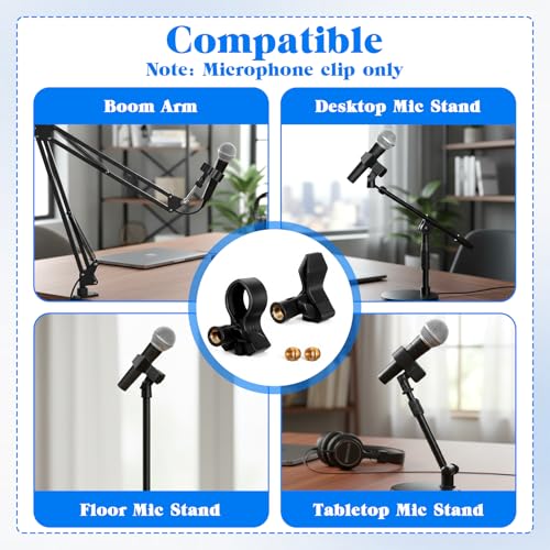 2 Pack Universal Microphone Holder for Mic Stand, Microphone Clip Adjustable Microphones Clamp for 0.6" to 2.4" Diameter (1.5-6cm) Includes 5/8", 3/8", 1/4" Metal Threads