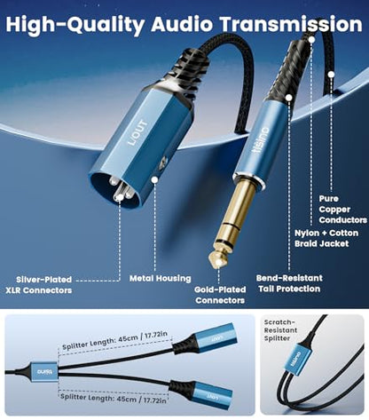 Tisino 1/4" TRS to Dual XLR Male Stereo Y-Splitter Breakout Cable, 6.6FT - size: 2m/6.6feet, style: 1/4" TRS to 2 XLR Male