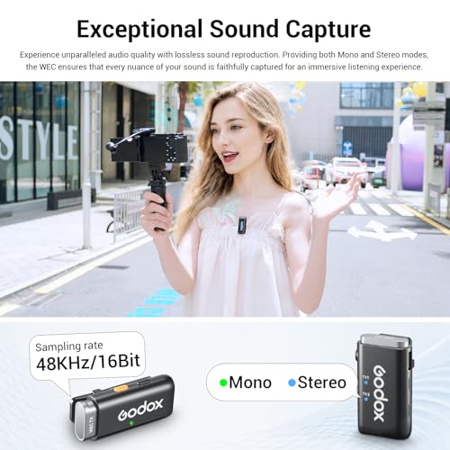 Godox WEC 2.4GHz Wireless Microphone System - 12g Ultra Compact, 200m Range, 24H Recording, Intelligent Noise Cancellation, Compatible with Cameras/Smartphones for Live Streaming, Interviews, Vlogging