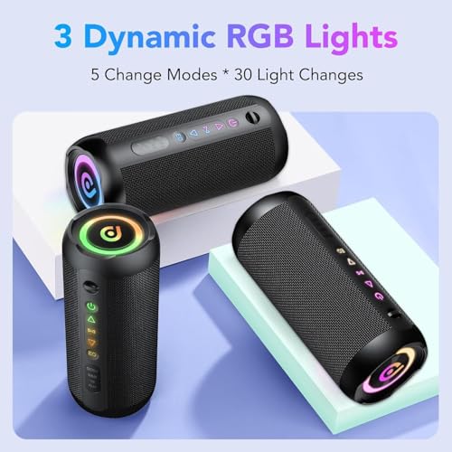 Portable Bluetooth Speaker, Bluetooth 5.4 Speaker, 30W Dual Speaker, 2.0 Channel, Deep Bass, 30H Playtime, Colorful RGB Lights, IPX7 Waterproof, TWS pairing for Outdoor/Home/Party/Travel, Gift Ideas