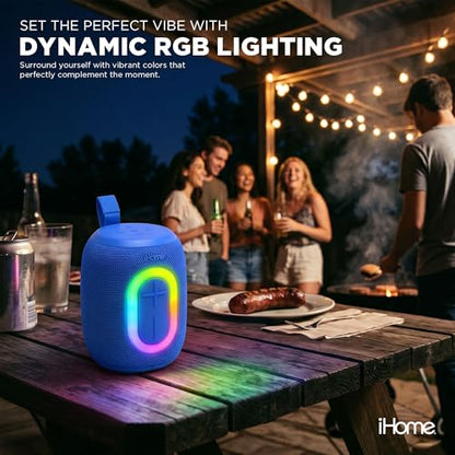 iHome Quest Wireless Portable Bluetooth Speaker with RGB Light | Water-Resistant, Built-In Carry Strap, TWS Pairing, Rechargeable Battery, USB-C Cable Included, True Stereo, Bluetooth 5.3 - color: Blue