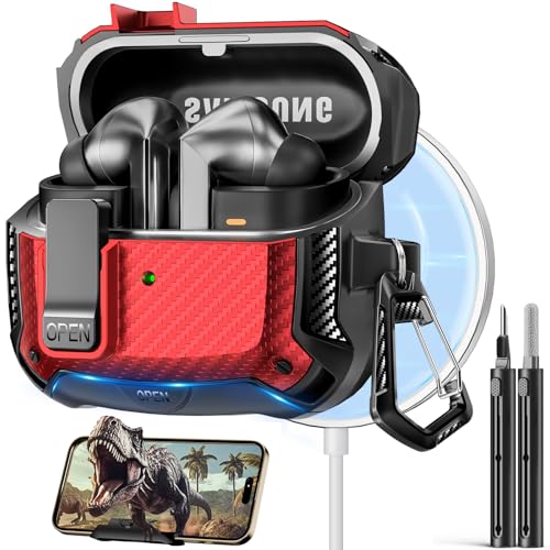 Safety Lock Case for Samsung Galaxy Buds3 FE/Pro/3 (RED) | Compatible with MagSafe, Carbon fibre texture Design,with Phone Stand& Cleaning kit,Keychain, - color: A-A-b-Red