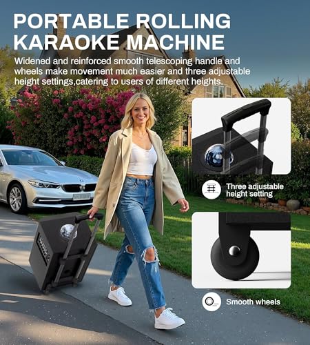 Karaoke Machine for Adults with 2 Wireless Microphones, BT PA System with Disco Ball LED Lights, Rolling Wheels, Tablet Holder, Remote Control, Support TWS/USB/AUX/TF/REC/FM for Home Parties