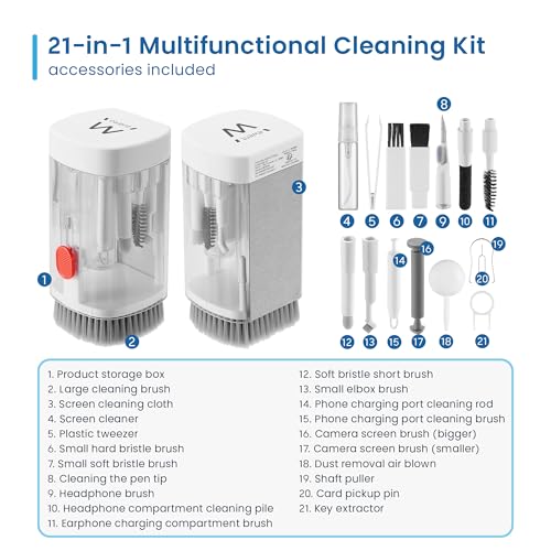 Ewent 21-in-1 Multifunctional Cleaner Kit for Electronic Devices, Cleaning Accessories for Headphones/Earbuds,Keyboards,PC Monitors,Smartphones,Tablets,Cameras and Screens, Cleaning Kit Tools (White)