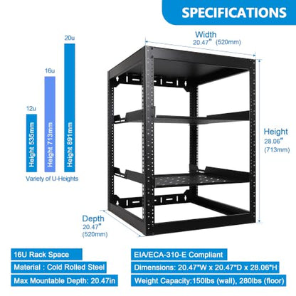 RackPath 16U Open Frame Network Rack with 2X 14in Vented 1U Shelves Rear Support, Wall Mount/Floor Standing Network Cabinet, Heavy Duty 150 lbs Capacity for IT & AV Gear, Audio and Video Device - size: 16U