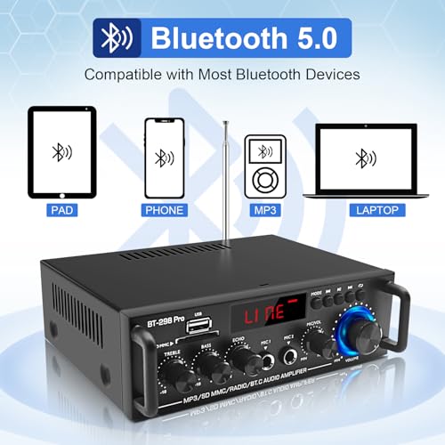 BT-298Pro 400W Amp, 2.0 Bluetooth Home Stereo Receiver w/Mic Echo & Bass | Stable BT 5.0 for phones/tablets. Supports USB, SD, AUX & FM. MIC input with adjustable echo for karaoke fun