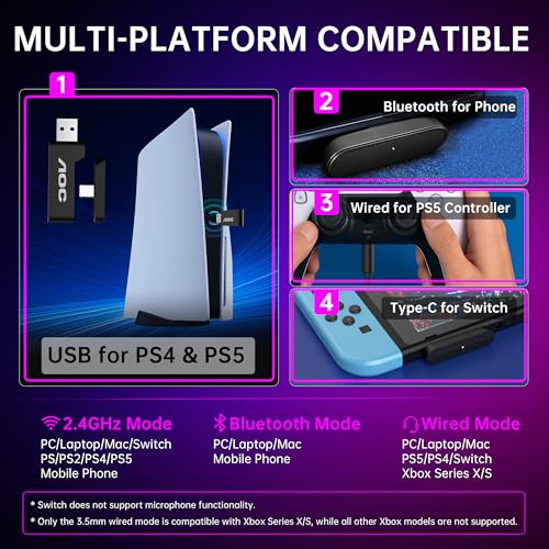 AOC PS5/4, 스위치, PC와 호환되는 무선 게이밍 헤드셋 - 화이트 | USB-C 및 블루투스 5.4 및 2.4GHz 게이밍 헤드폰, 노이즈 캔슬링 마이크, 7.1 가상 서라운드, 20ms 대기 시간, 45H, RGB - color: 화이트.