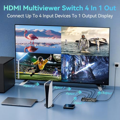 4K HDMI Multiviewer Switch 4x1 Quad Multi-Viewer Seamless Switching | with IR Remote Support 4K@30Hz 1080P@60Hz and 10 Display Modes for Security Camera, Gaming Consoles