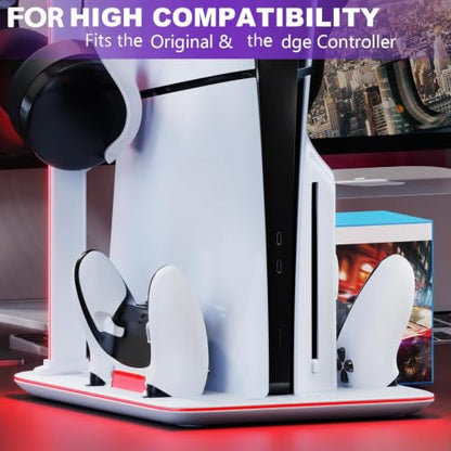 PS5 Cooling Station with Dual Controller Charger and RGB Lights | Cooling dock for PS5 Slim & PS5 Pro,dual controller charger,headset hook,7 RGB modes,not compatible with standard PS5 console