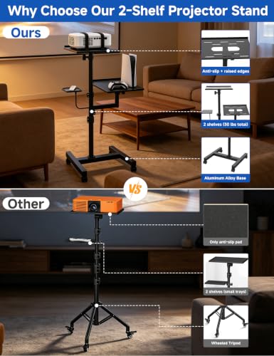 KOOV 2 Shelves Projector Stand, Max 47" Height Adjustable | Mobile Cart on Wheels, Projector Tripod Stand, Rolling Laptop Floor Stand, For Couch - size: 47inch