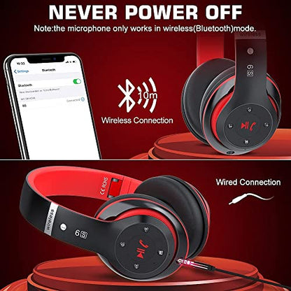 6S Bluetooth Headphones Over-Ear, Hi-Fi Stereo Foldable Wireless Stereo Headsets Earbuds with Built-in Mic, Volume Control, FM for iPhone/Samsung/iPad/PC (Black & Red) - color: Black & Red