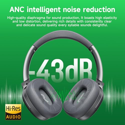 Wireless Hybrid Active Noise Cancelling Headphones, 50H Playtime Wireless Over Ear Headphones with Microphone, HiFi Deep Bass, Comfortable Foldable Earphones for Travel/Work (Gray) - color: Grey