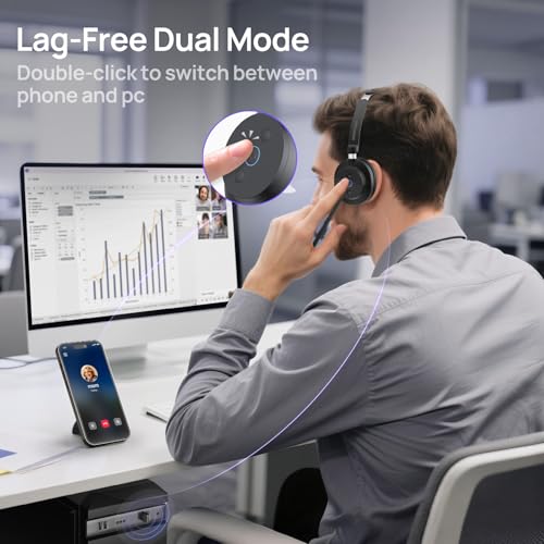 Wireless Bluetooth Headset with Mic for Work, Noise Cancelling & USB Dongle