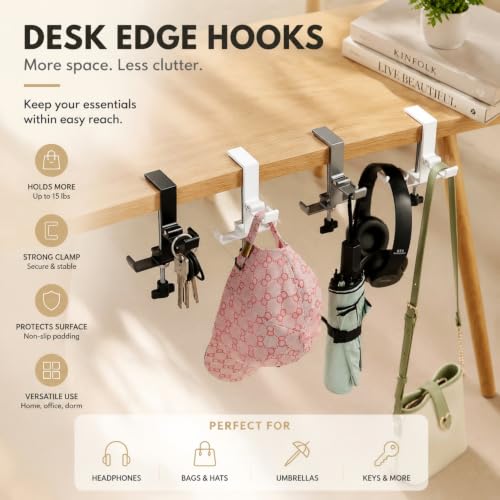 JAKO Headphone Stand for Desk, 3 Hooks Aluminum Alloy Headphone Holder (1 Foldable+2 Fixed) Space Saving Headset Stand Hook, Universal Fit PC Gaming Headsets Holder Desk Clamp for Office/Game Table - color: Black