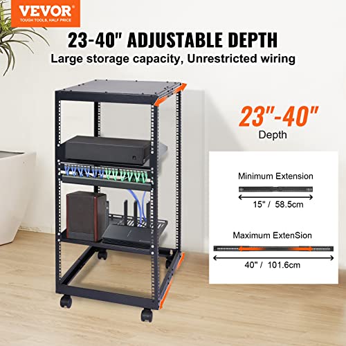 VEVOR 20U Open Frame Server Rack, 23''-40'' Adjustable Depth, Free Standing or Wall Mount Network Server Rack, 4 Post AV Rack with Casters, Holds All Your Networking IT Equipment AV Gear Router Modem - size: 20U