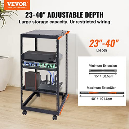 VEVOR 20U Open Frame Server Rack, 23''-40'' Adjustable Depth, Free Standing or Wall Mount Network Server Rack, 4 Post AV Rack with Casters, Holds All Your Networking IT Equipment AV Gear Router Modem - size: 20U