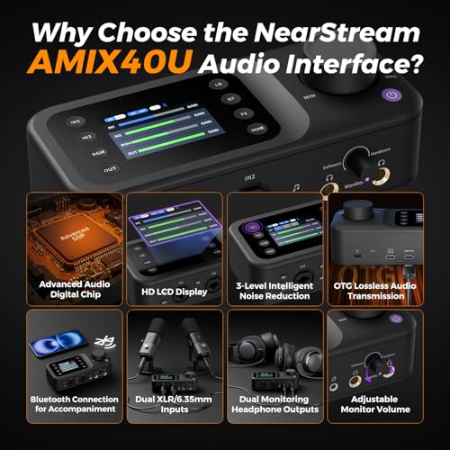 NearStream AMIX40U 10-Channel USB Audio Interface and Audio Mixer for PC | Dual XLR/6.35mm Inputs with 48V Phantom Power, Bluetooth 5.3, a 2-inch LCD for Podcast Recording and Live Streaming