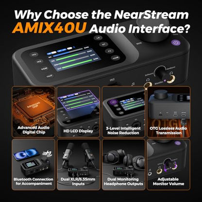NearStream AMIX40U 10-Channel USB Audio Interface and Audio Mixer for PC | Dual XLR/6.35mm Inputs with 48V Phantom Power, Bluetooth 5.3, a 2-inch LCD for Podcast Recording and Live Streaming