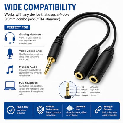 Master Cables 3.5mm Stereo Jack Headphone & Microphone Splitter Cable, 20cm, 1 Female to 2 Male AUX Adapter, Gold Plated, Audio Cable for PC, Laptop, Gaming Headsets