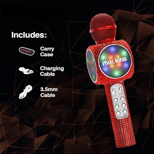 Mockins Red Bling Karaoke Microphone for Kids - Wireless Microphone Karaoke w/Speaker, Voice Changer & Colorful LED Lights, Portable Kids Micro Phone - color: Red Bling