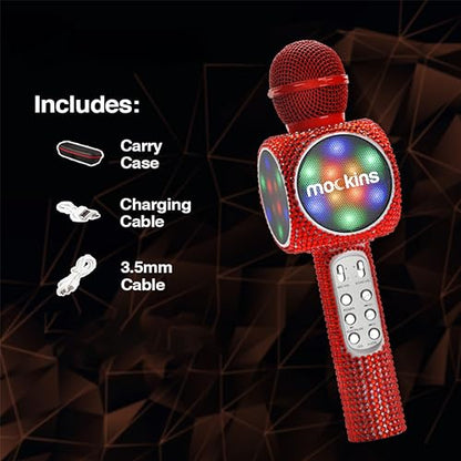 Mockins Red Bling Karaoke Microphone for Kids - Wireless Microphone Karaoke w/Speaker, Voice Changer & Colorful LED Lights, Portable Kids Micro Phone - color: Red Bling