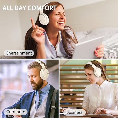 AMORNO Bluetooth Headphones Over Ear, 68 Hours Playtime Wireless Headphones with Mic, Foldable Adjustable Lightweight HiFi Stereo Headset for Cellphone/PC/Work/Travel (White) - color: White