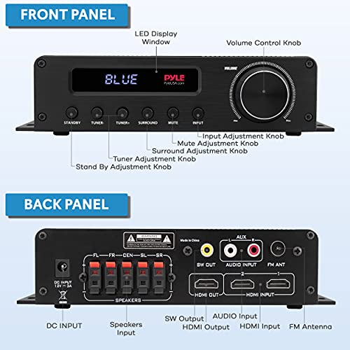 Pyle Wireless Bluetooth Home Audio Amplifier - 100W 5 Channel Home Theater Power Stereo Receiver, Surround Sound w/ HDMI, AUX, FM Antenna, Subwoofer Speaker Input, 12V Adapter, Black - PFA540BT