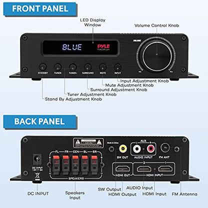 Pyle Wireless Bluetooth Home Audio Amplifier - 100W 5 Channel Home Theater Power Stereo Receiver, Surround Sound w/ HDMI, AUX, FM Antenna, Subwoofer Speaker Input, 12V Adapter, Black - PFA540BT
