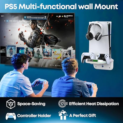 P S5 Wall Mount Kit with Cooling Fan and Charging Station Compatible with PS5/ Slim/ Pro Disc and Digital, PS Five Floating Shelf with 9 RGB Lights, PS 5 Mount Behind TV, P5 Accessories for Gaming, White - color: White