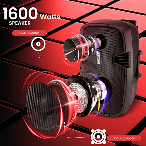 Pyle 1600 Watt, 15" Bluetooth PA Speaker - Indoor / Outdoor Portable Sound System with (2) UHF Wireless Microphones, Rechargeable Battery, Audio Recording, USB/SD Readers, FM Radio (PPHP1535WMU)