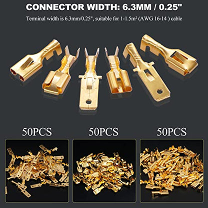 Twidec/150PCS 6.3mm Male Female Spade Connector Quick Splice Crimp Terminals Non Insulated Wire Connector for Electrical Wiring Relay Car Audio Speaker N-005-6.3 - size: 6.3mm Male+Female Kit