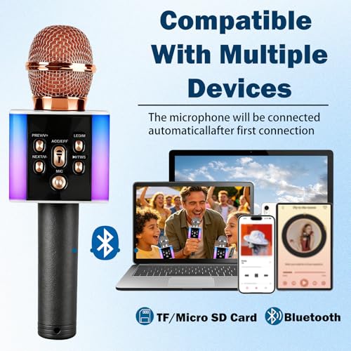 Wireless Bluetooth Karaoke Microphone for Kids & Adults, Singing Mic with Disco Lights, Voice Changer, Built-in Speaker, Portable Karaoke Player for Party & Travel Gifts(Rose Gold) - color: Rose Gold